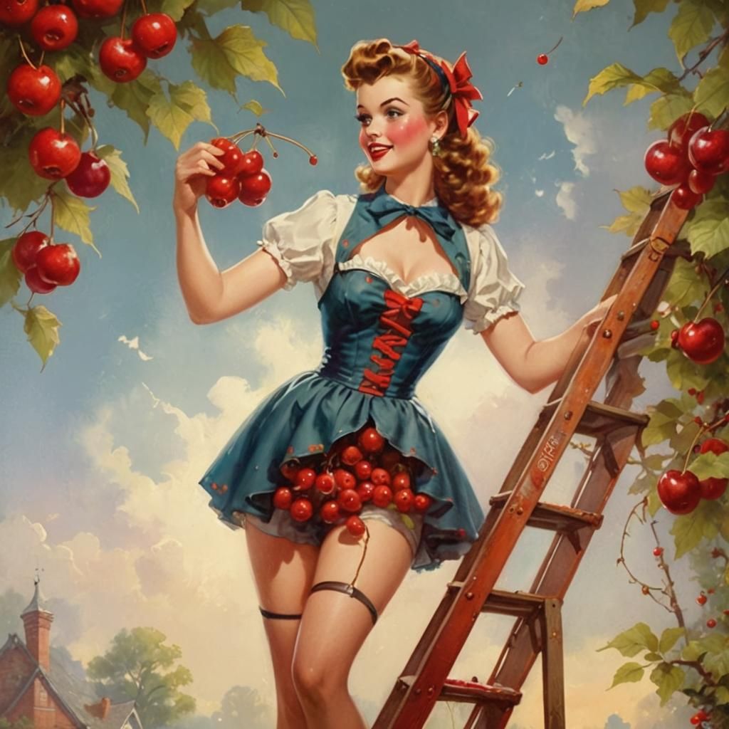Classic Pin-Up Girl Picking Cherries, Elvgren Style