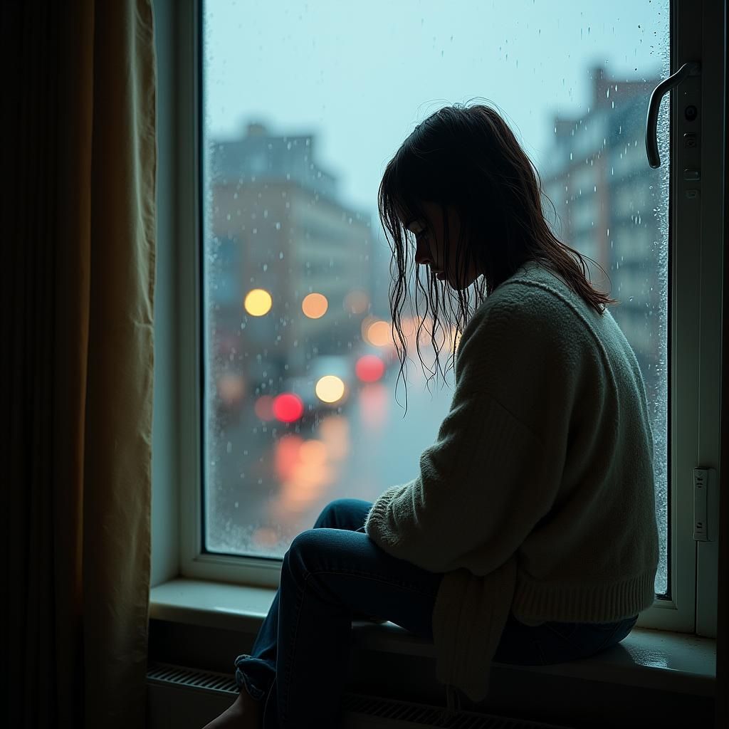 Melancholic Girl by Rainy Window, Digital Art