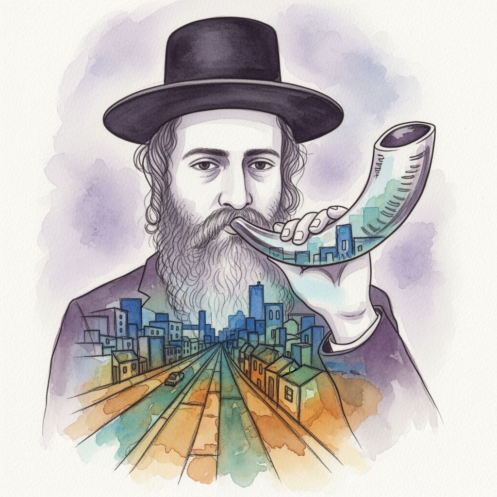 Haredi Man and Cityscape Shofar in Watercolor Style