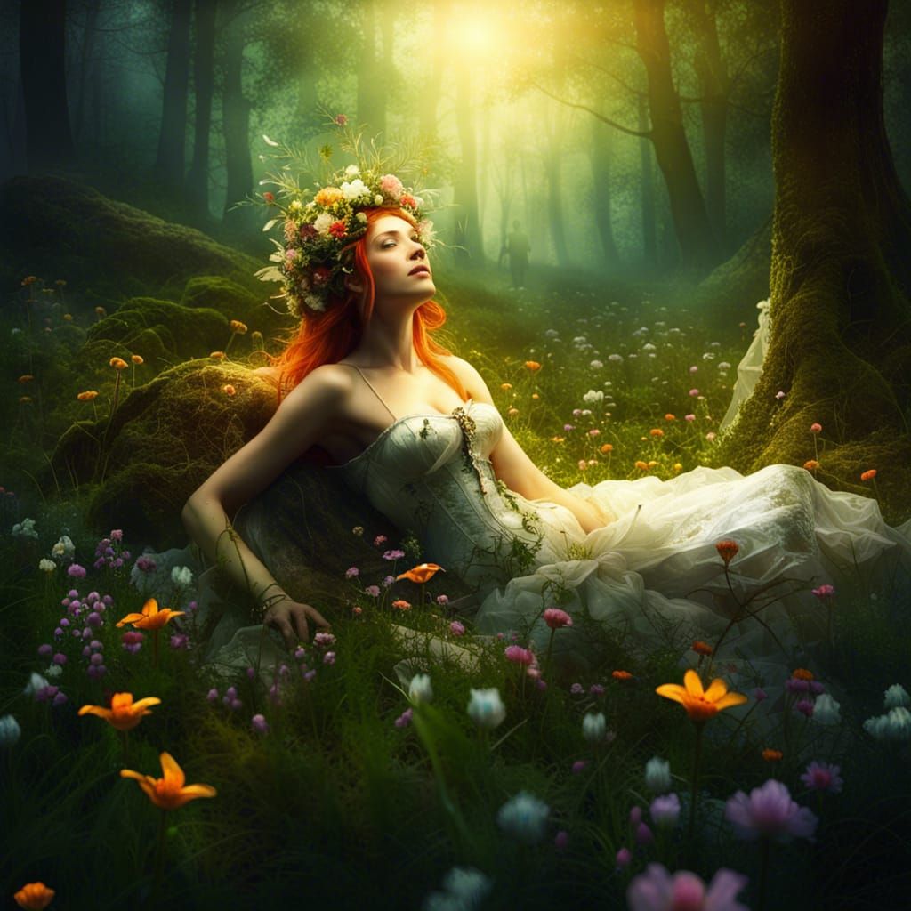 Titania Among Wildflowers in Spring Forest