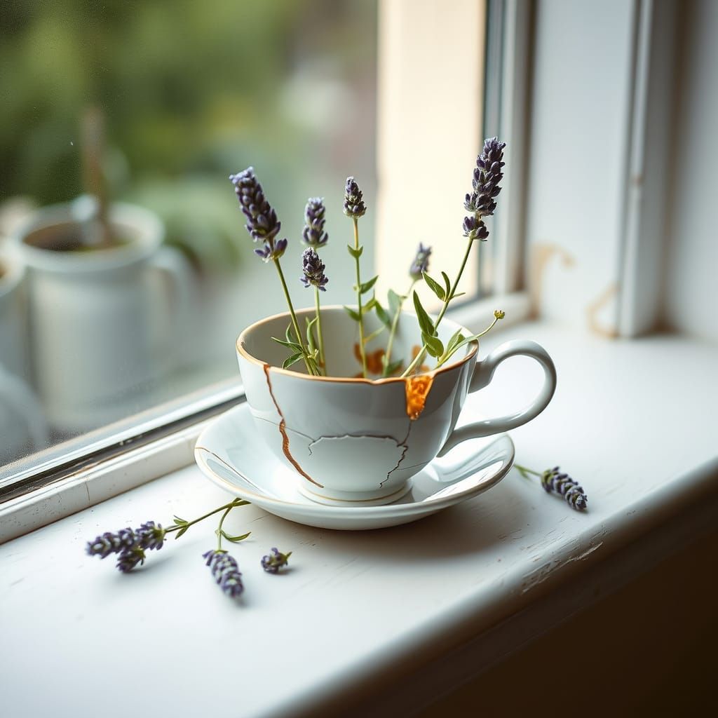 Lavender Growing From Cracked Teacup on Windowsill