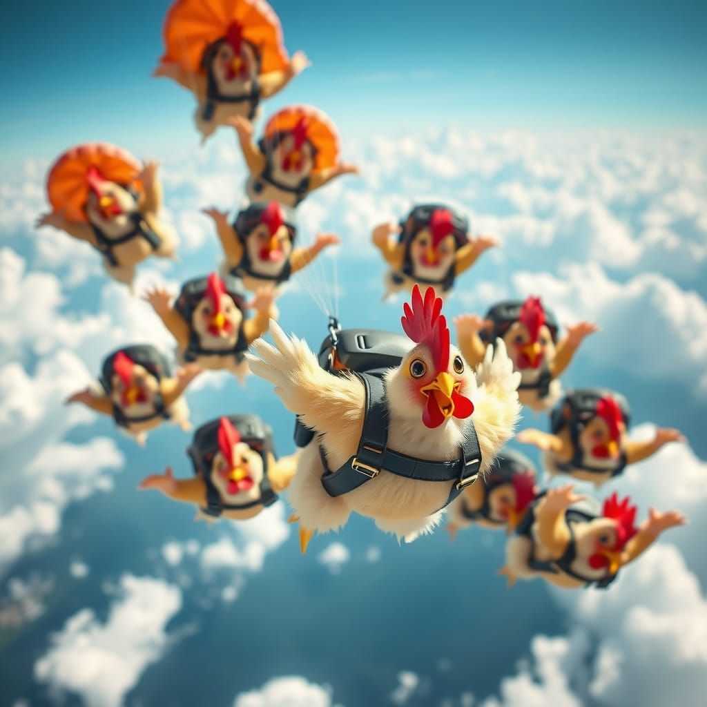 Charming Chibi Chickens Skydiving Formation Portrait