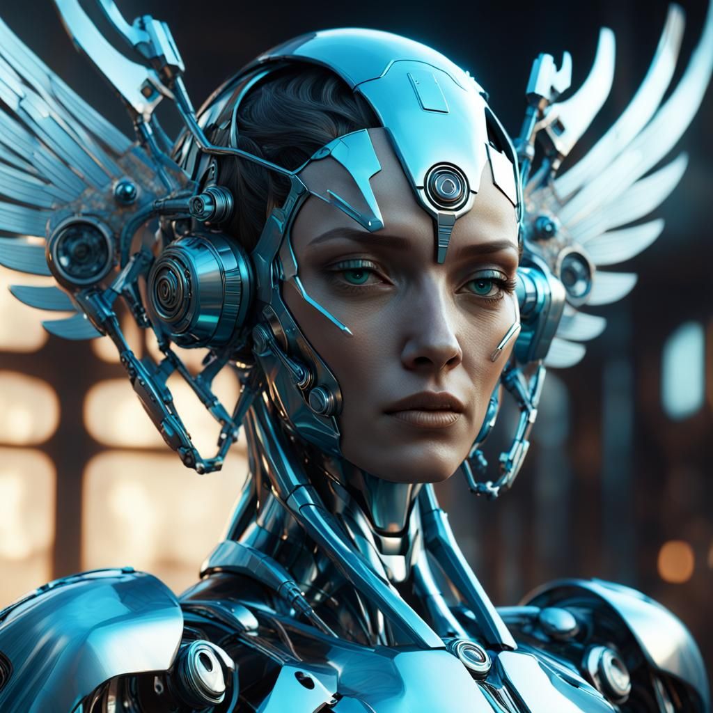 Futuristic Robot Angel in Cyberpunk Art Nouveau Style