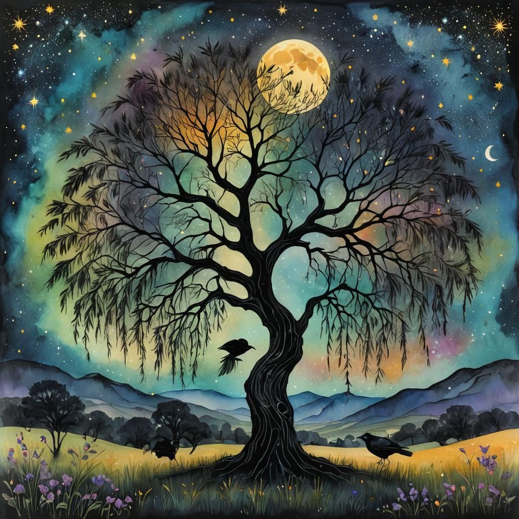 Gothic Watercolor Tree of Life with Ravens