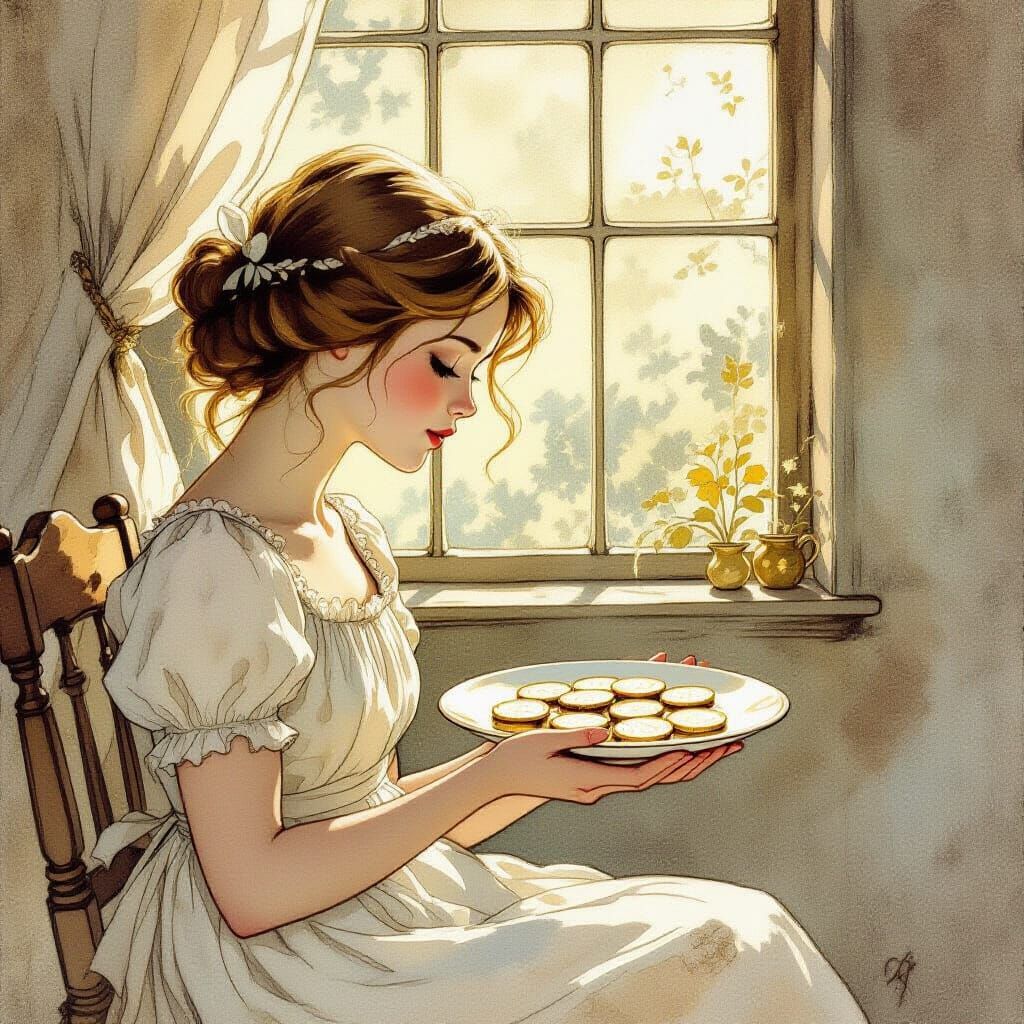 Nursery Rhyme Illustration of Woman with Sixpence