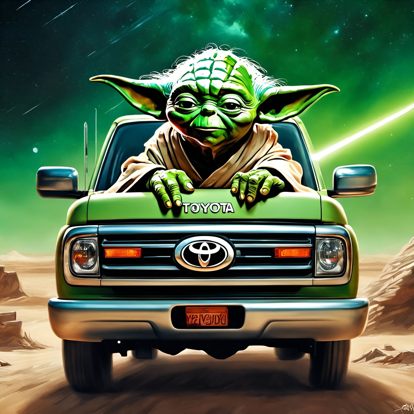 Yoda Drives Toyota Truck in Space Portrait