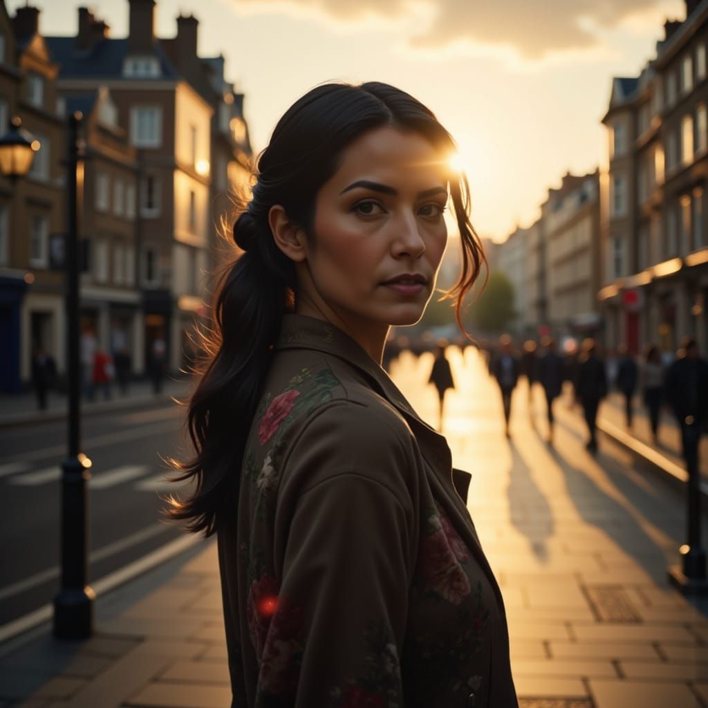 Elegant Woman Strolls Through Vibrant London Summer Evening