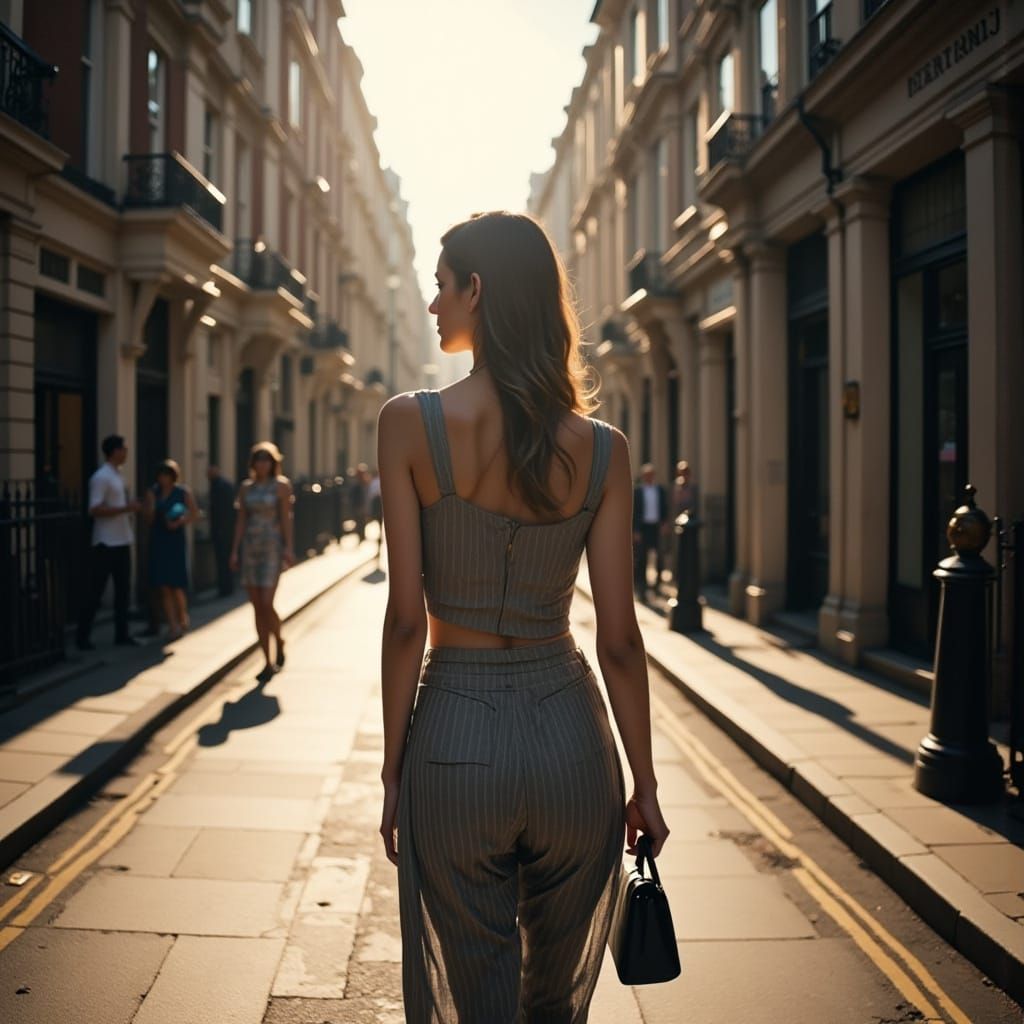 Elegant Woman Strolls Through London's Desolate Streets in a...