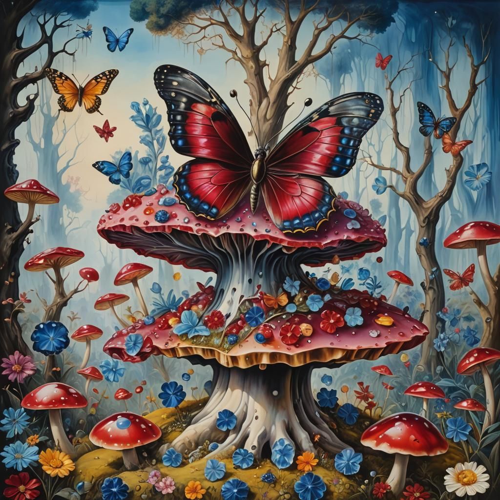 Gemstone Butterfly on Sapphire Mushroom, Surreal Oil Paintin...