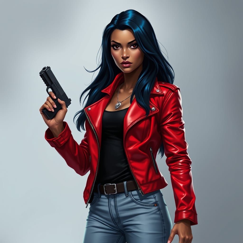 Strong Female Detective in Red Leather Jacket