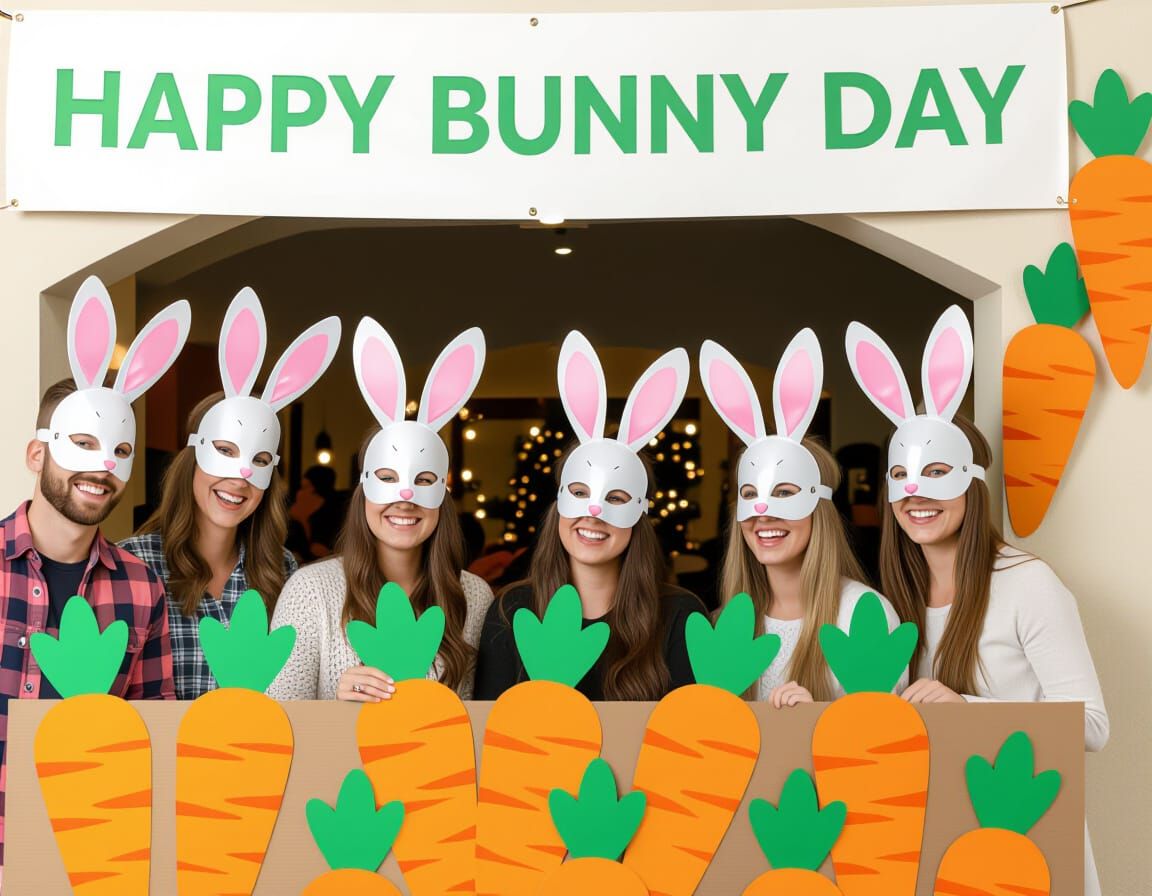 Bunny Day Decorations & Partygoers with Festive Banner