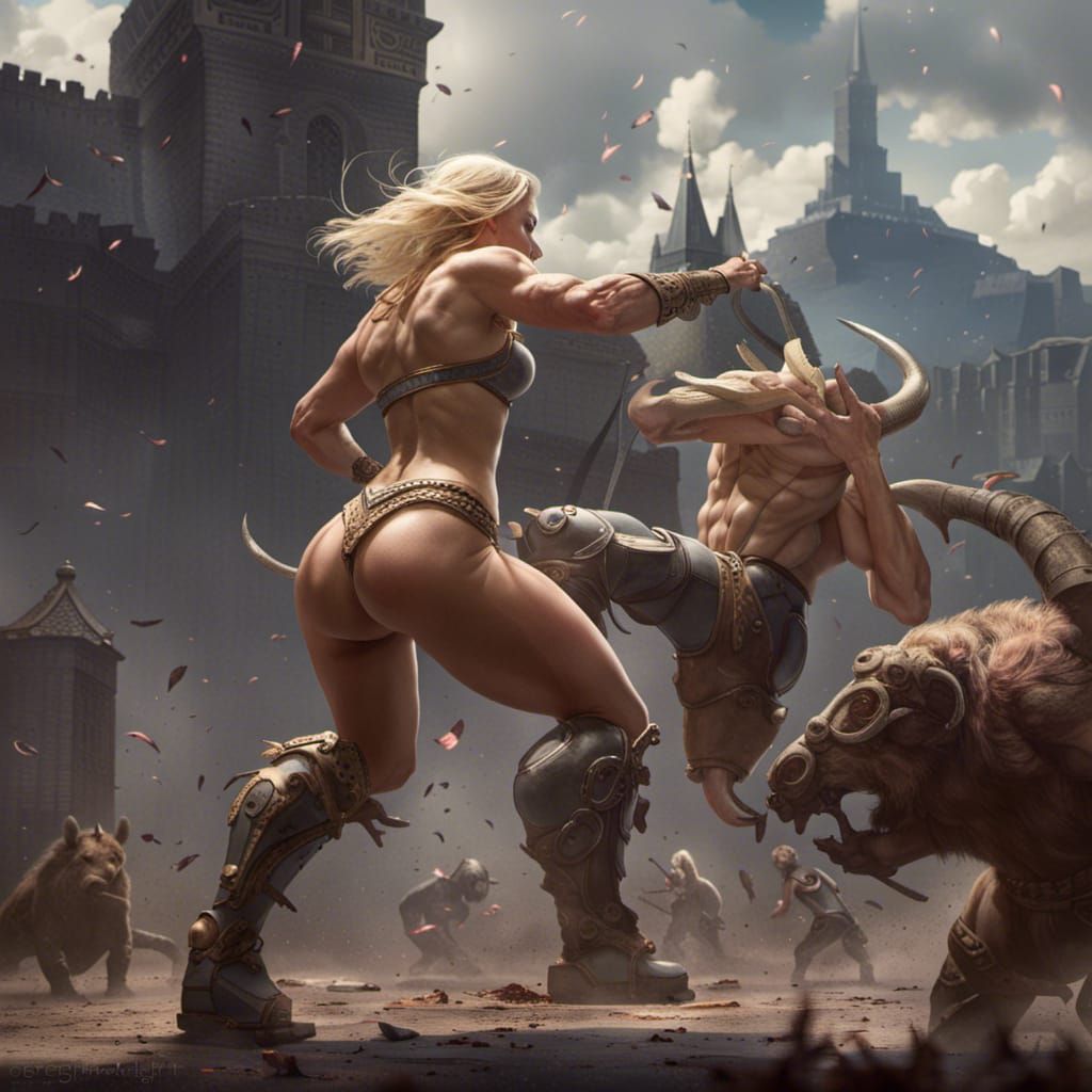 Woman Battles Minotaur: Dark Fantasy Concept Art