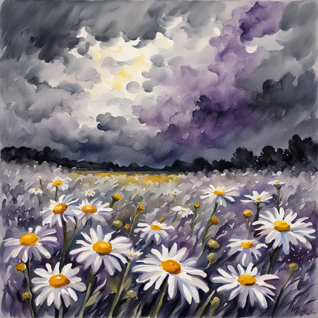 Impressionist Daisies Under Stormy Sky in Gouache Style