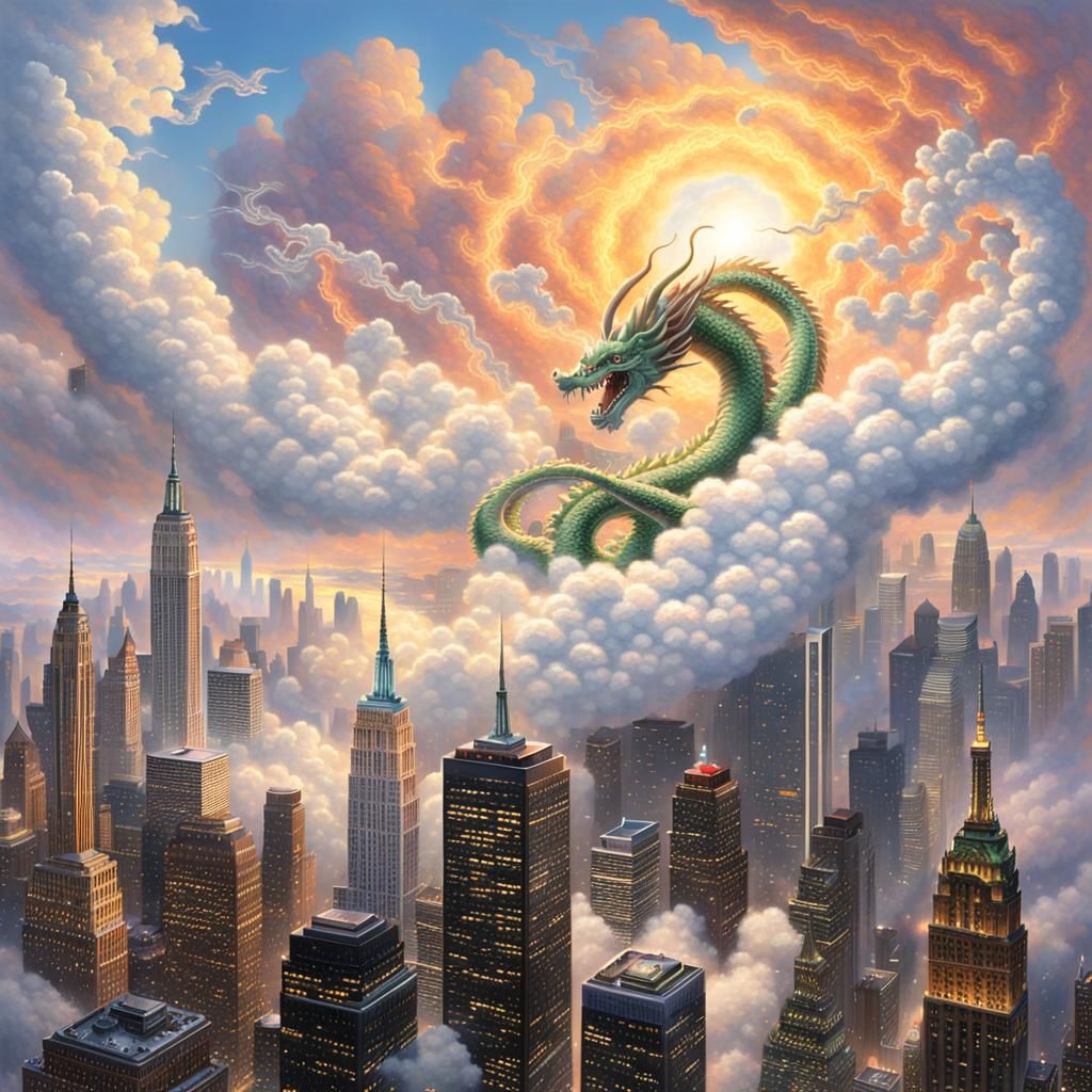 Dragon Cloud Over New York: Ethereal Fantasy Art