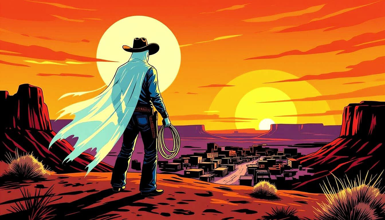 Ghostly Cowboy on Mesa in Vintage Comic Style