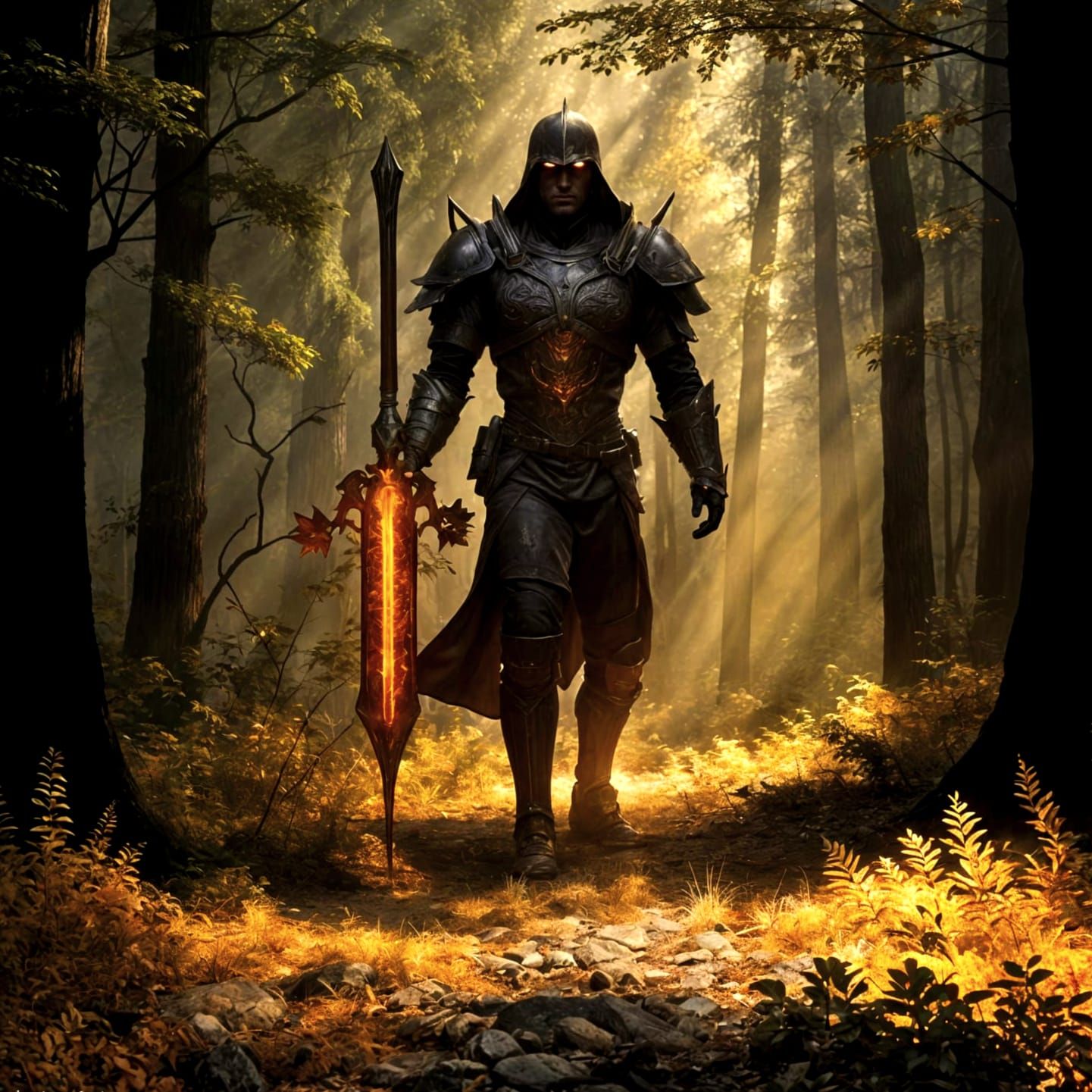 Dark Fantasy Warrior in Ancient Forest