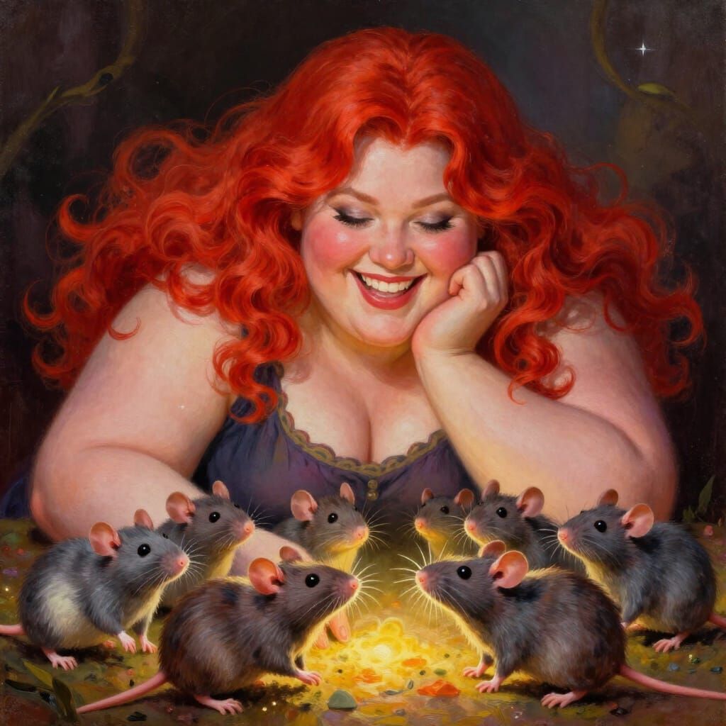 Red Haired Woman Joyfully Plays with Cute Rats in Oil Paint ...