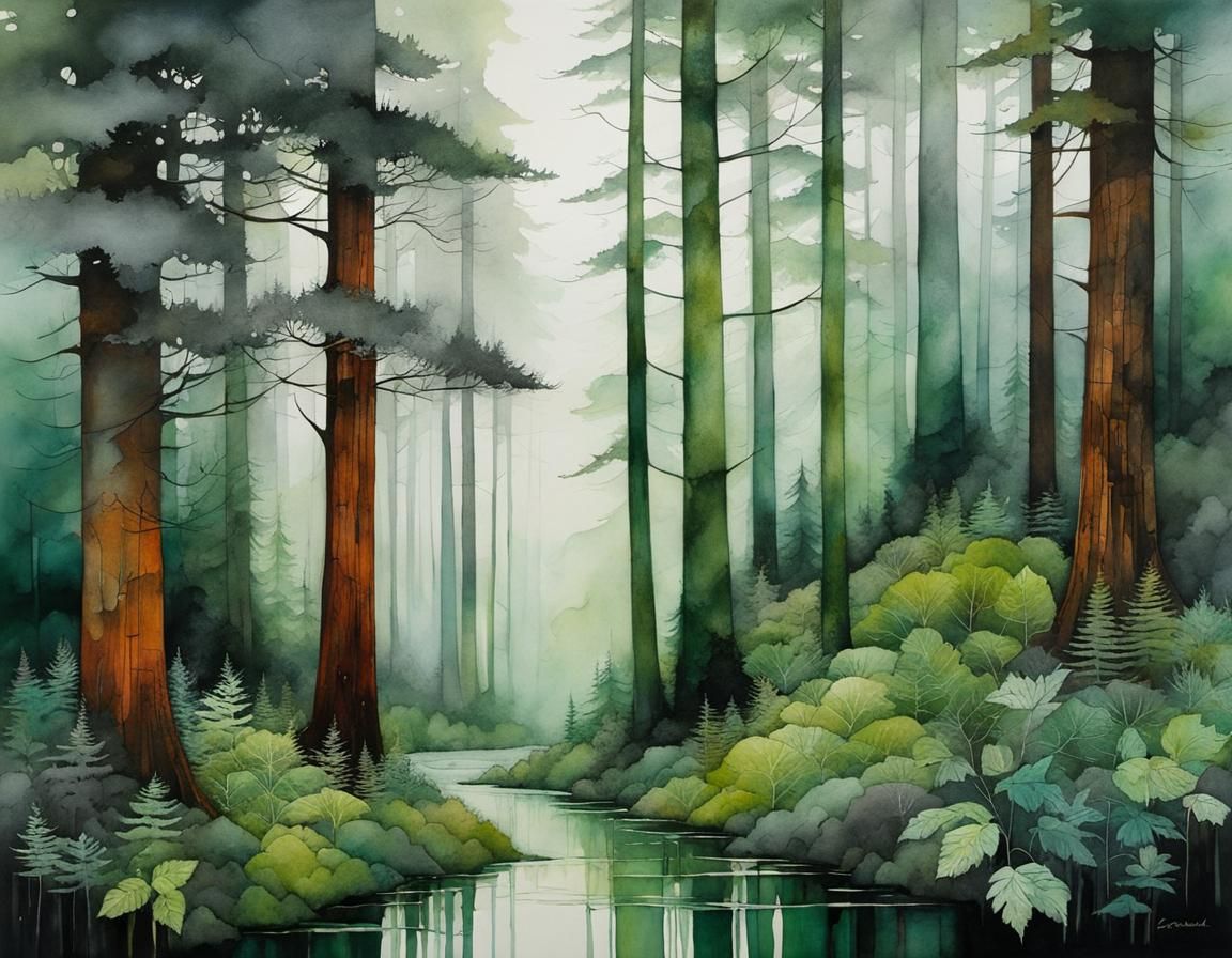 Misty Redwood Forest: Whimsical Cubist Illustration