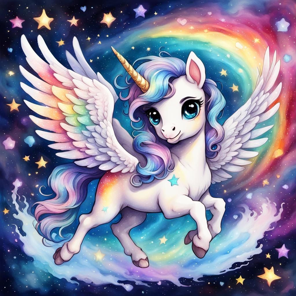 Sparkling Baby Pegasus in Galactic Nebula Watercolor