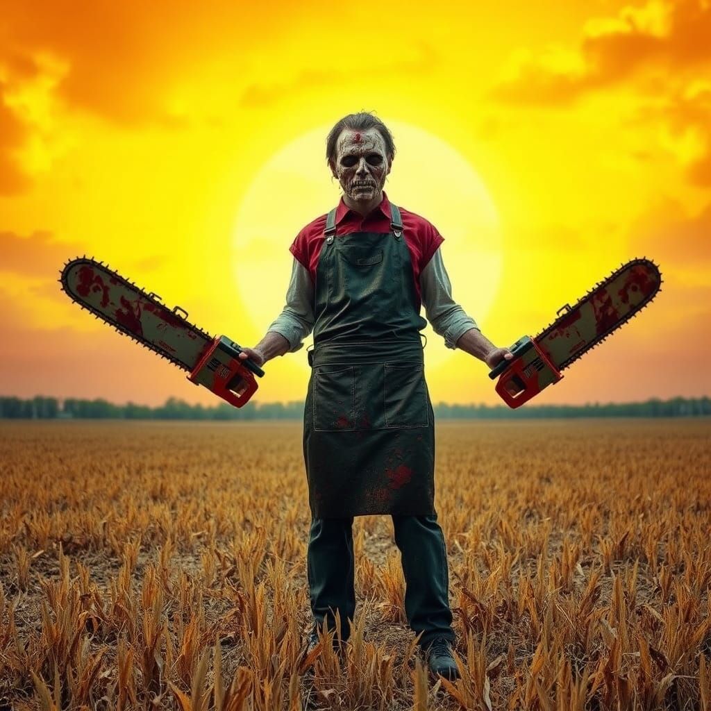 Leatherface with Chainsaws in Desolate Field