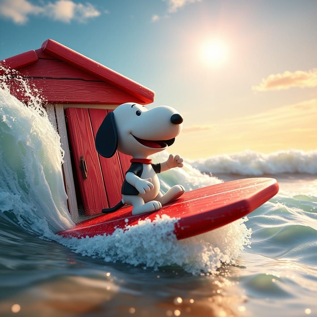 Surreal Beach Scene with Snoopy Surfing in Whimsical 3D Art