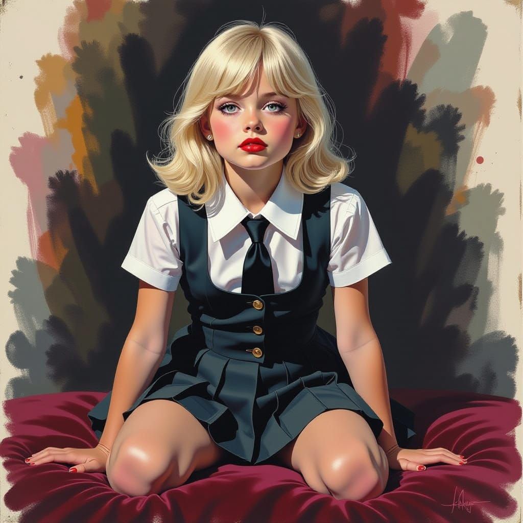 Platinum Blonde Girl in School Uniform, Gestural Ink Style