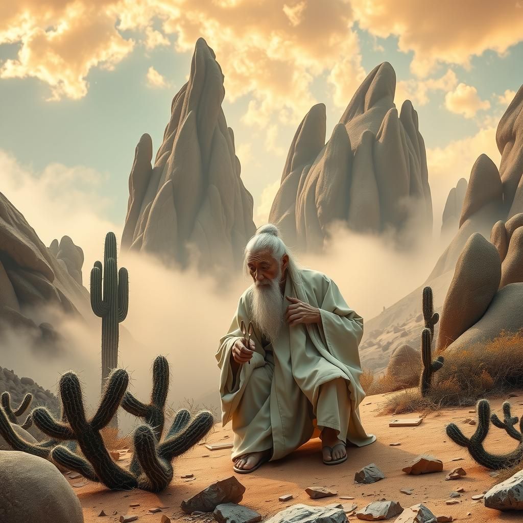 Philosopher, Mole, and Alien in Dreamlike Landscape