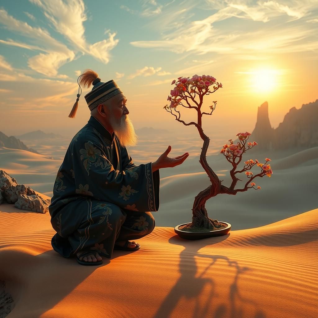 Philosopher and Mole in Surreal Landscape