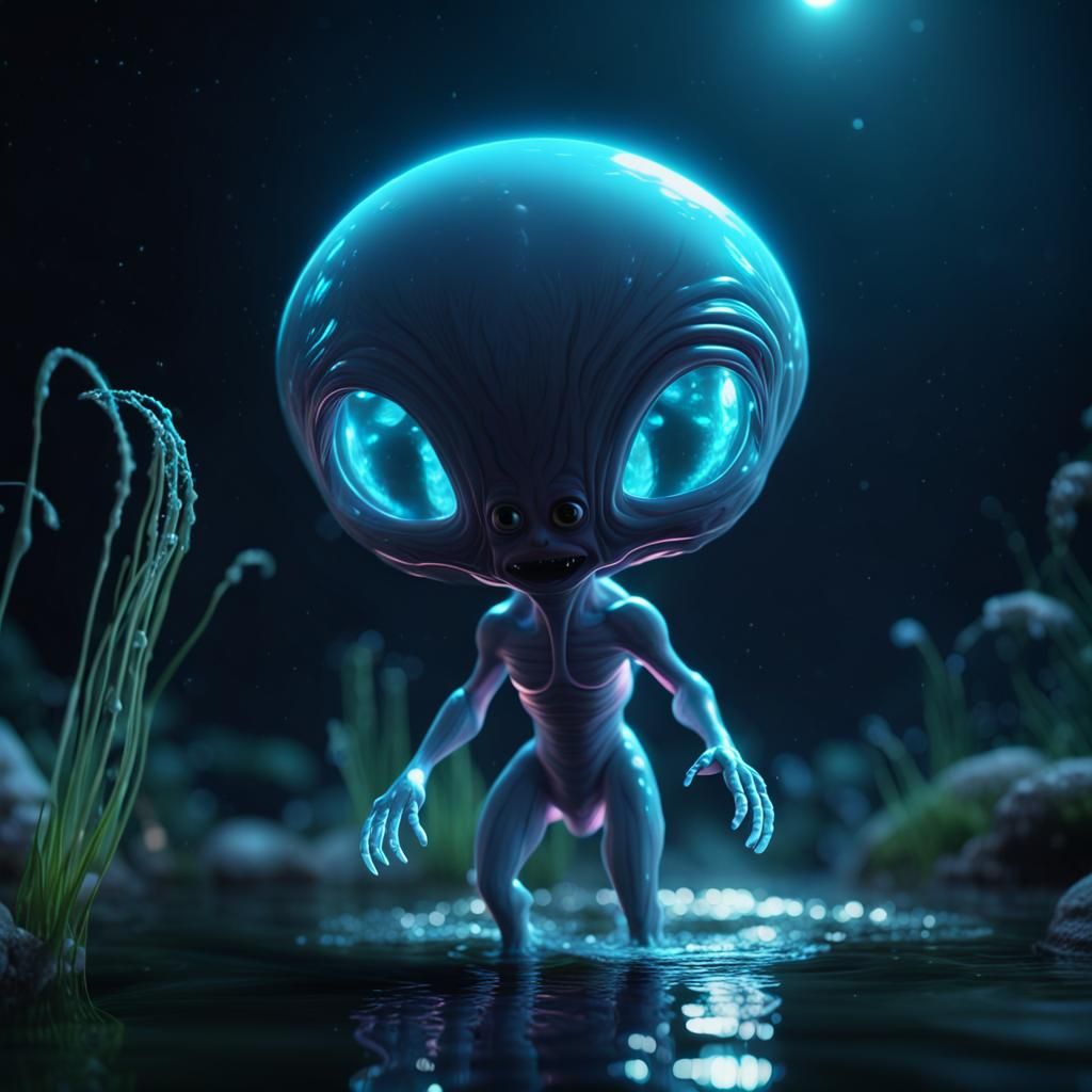 Bioluminescent Alien Emerges at Night: 3D Render