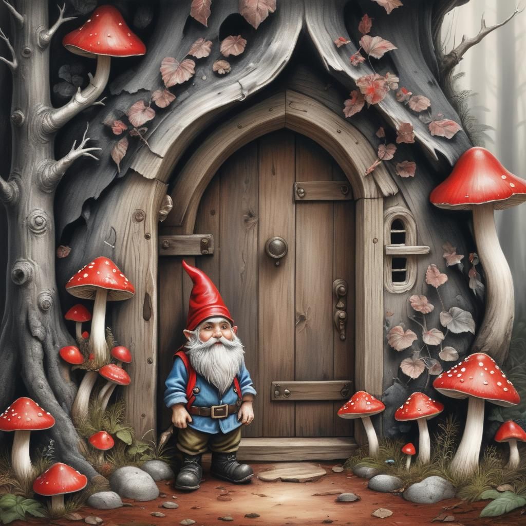 Detailed Charcoal Drawing of Gnome by Toadstools