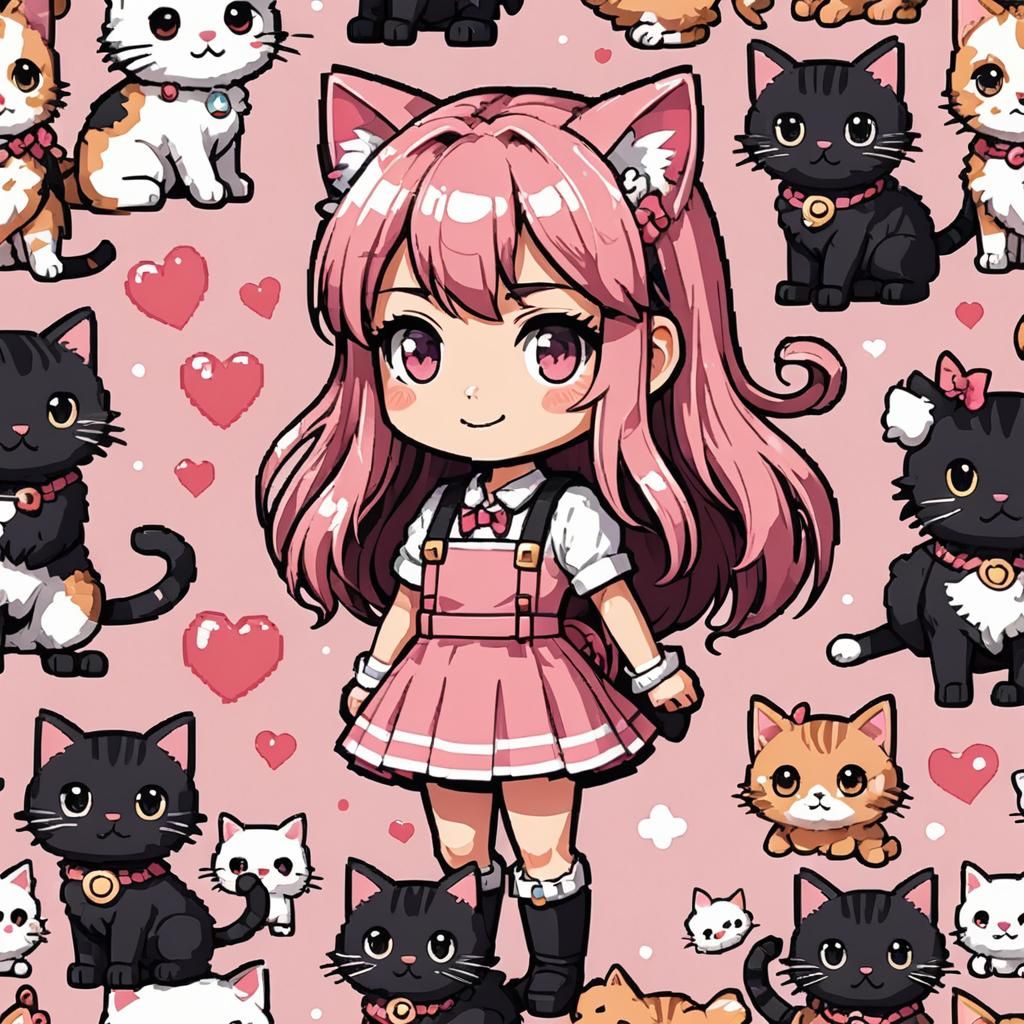 Pixel art style 2D chibi pink cute girl character with calic...