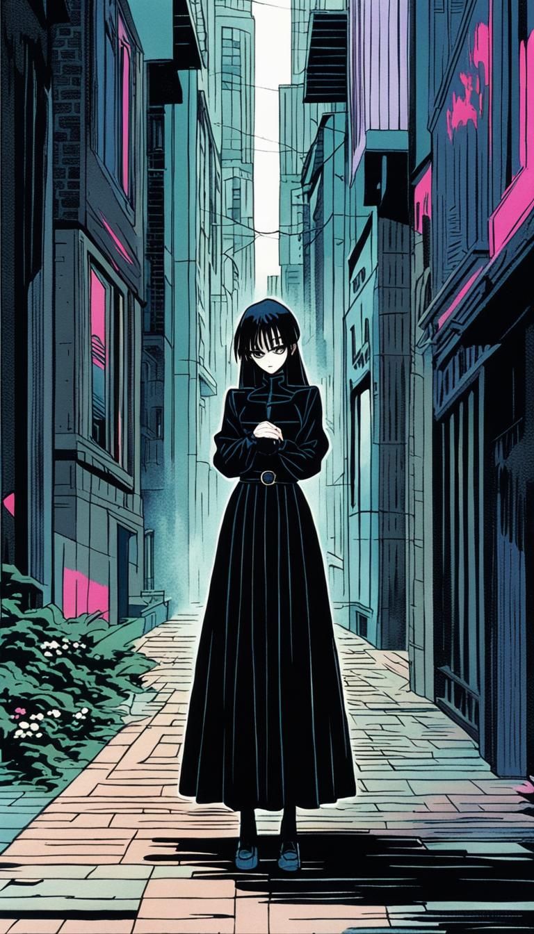 Lonely Gothic Girl in 90s Anime Style