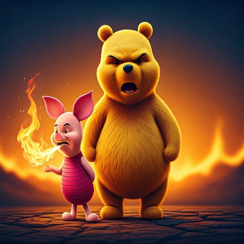 Furious Piglet Protects Pooh with Fire Breath