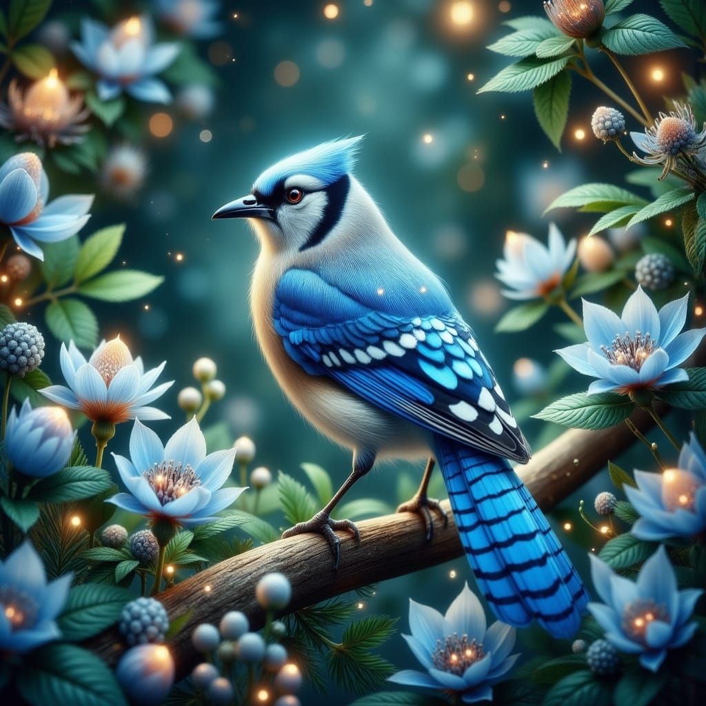 Blue Jay on Blue Flower, Cinematic Digital Painting