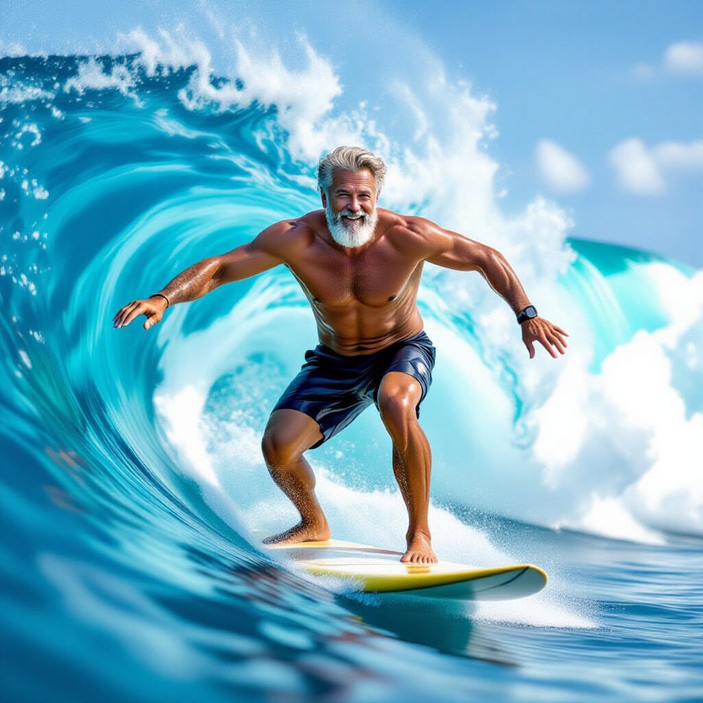 Bold 50yo Man Dancing on Surfboard