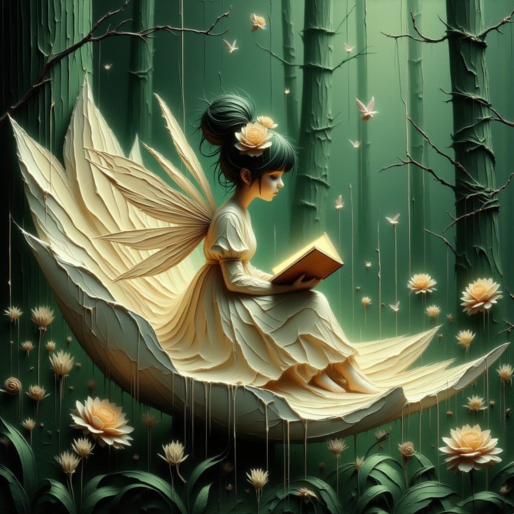 Pixie Reading Book in Flower Petal Anime Style