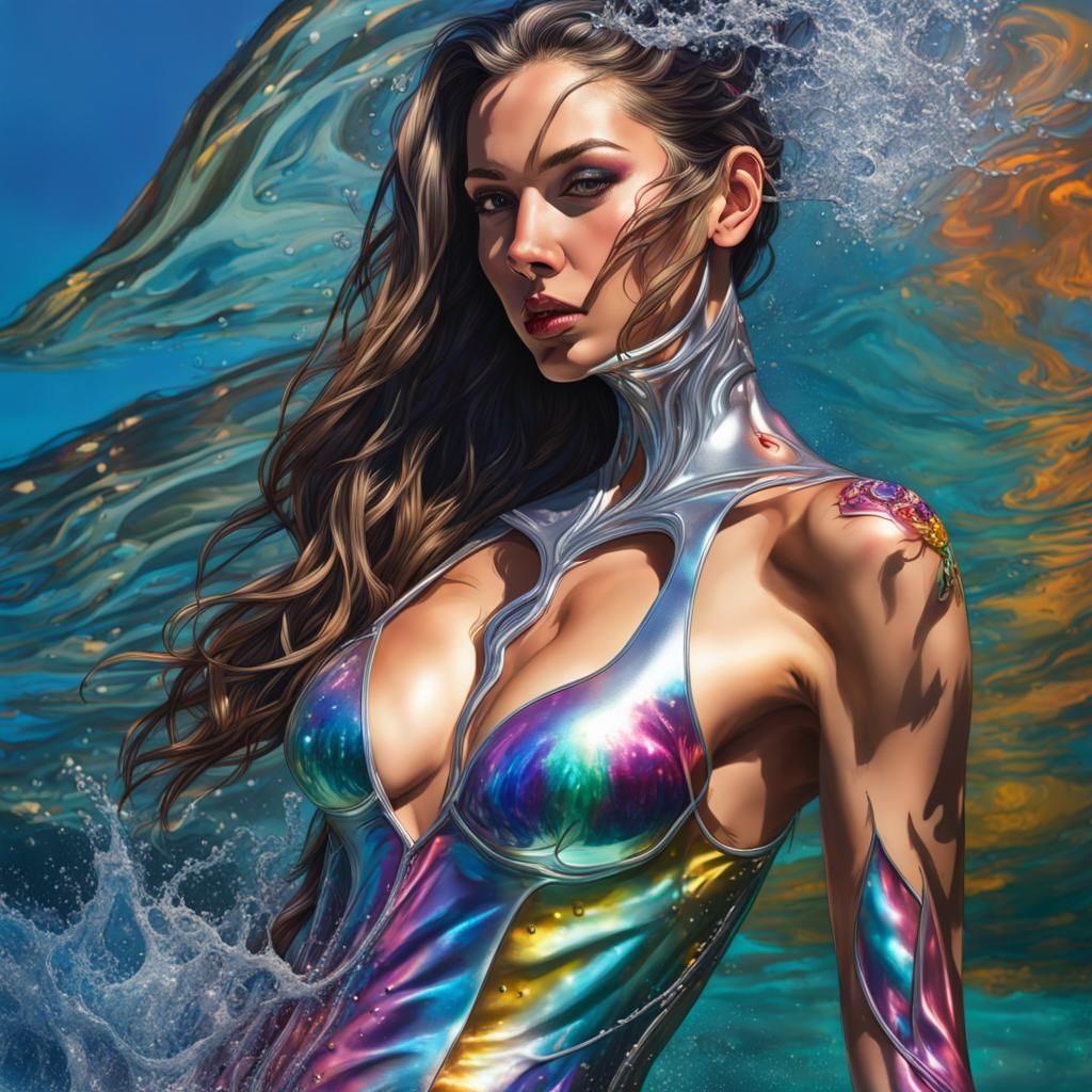 Shark Goddess in Silver Swimsuit: Hyperrealistic Concept Art