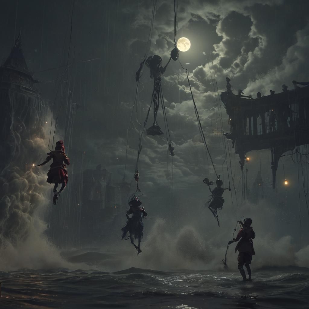 Sinister Marionettes Dance in Approaching Flood, Dark Fantas...