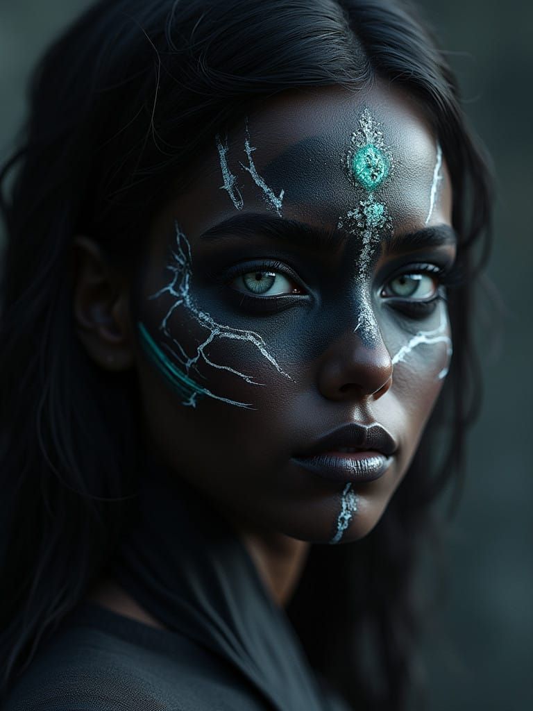 Mysterious Woman with Jet Black Skin and Unblinking Gaze