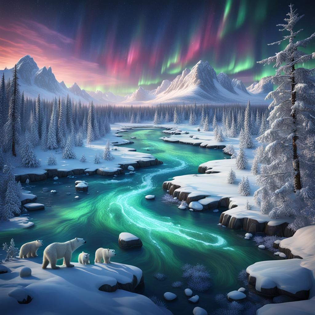 Frozen Tundra River with Polar Bears and Aurora