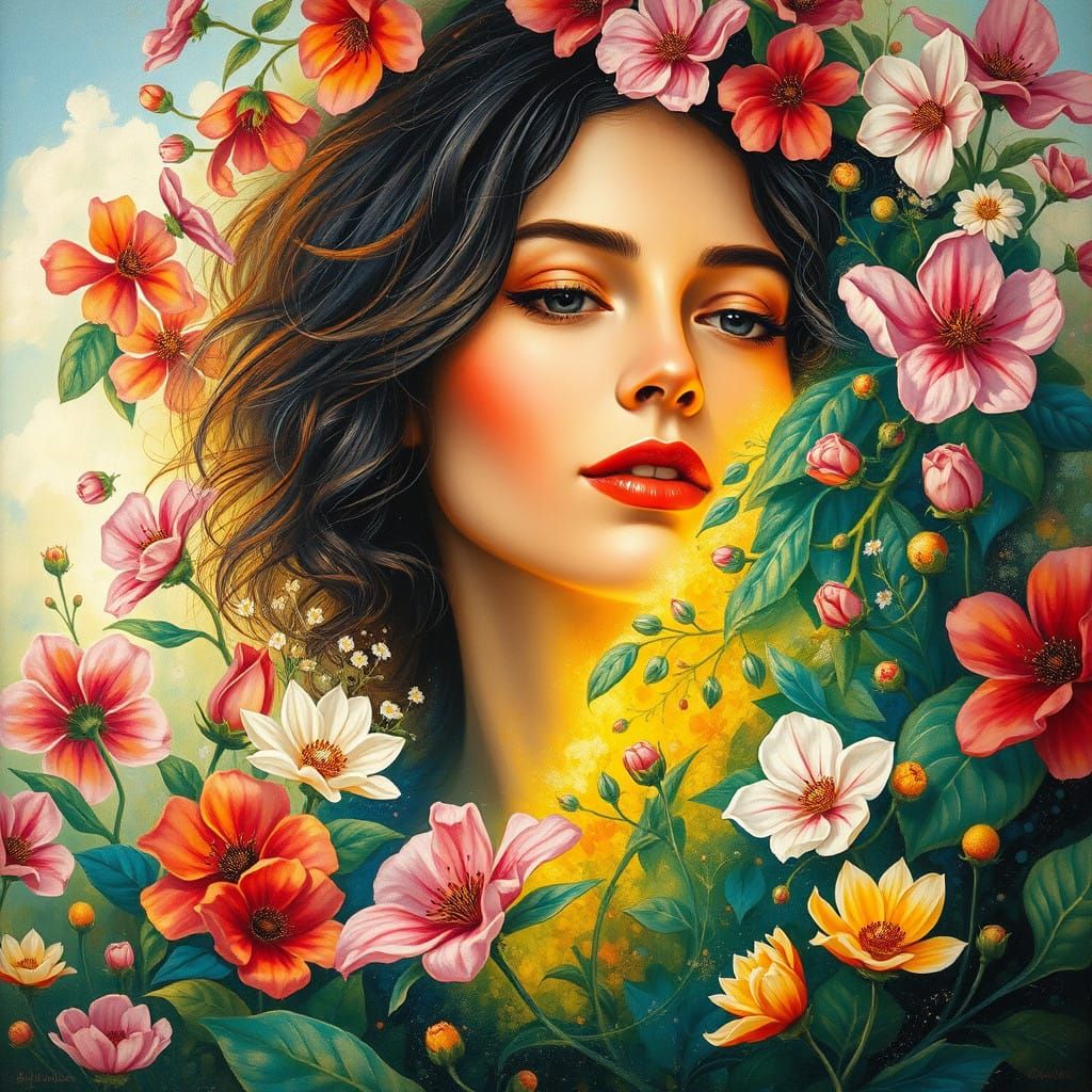 Blossoming Renaissance Woman in Impasto Gouache Style