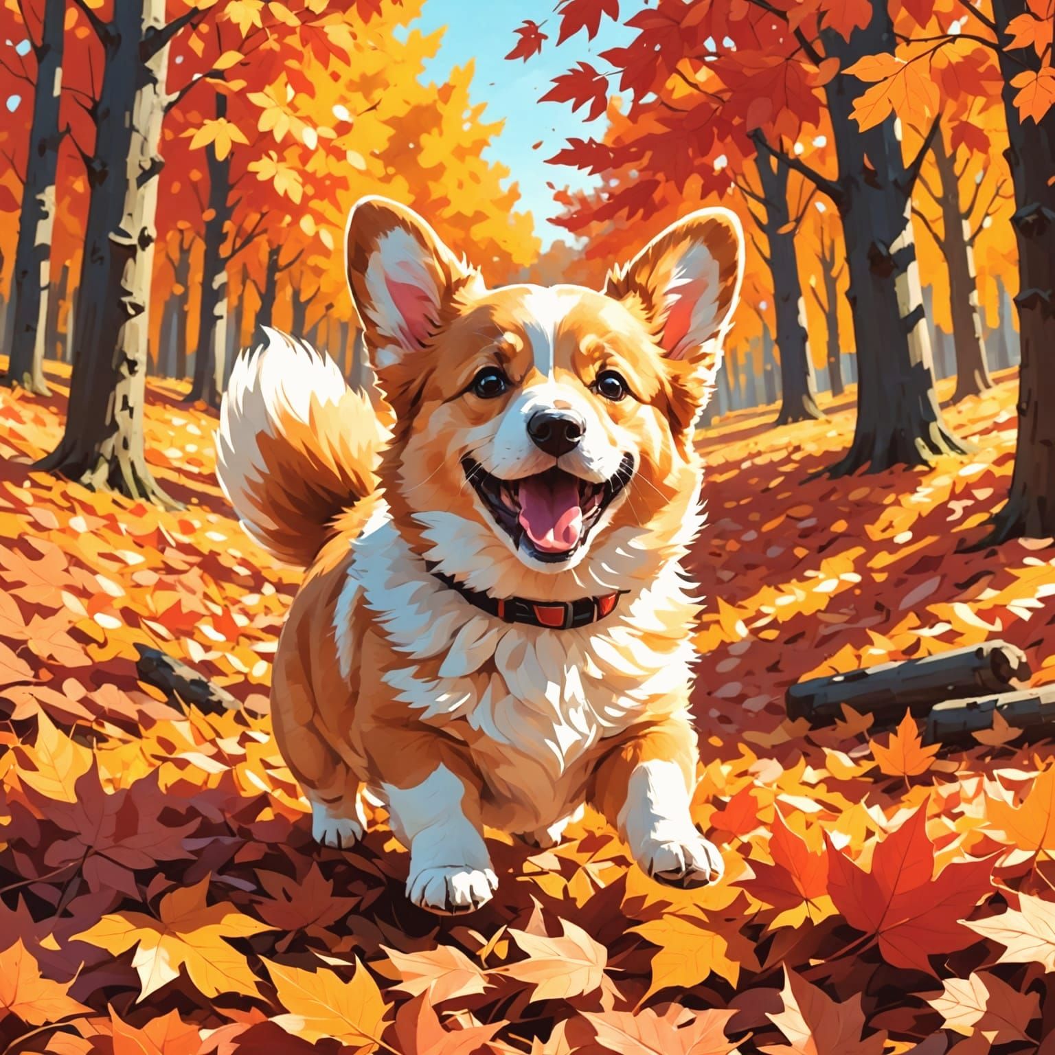 Joyful Corgi Puppy Leaping in Autumn Leaves