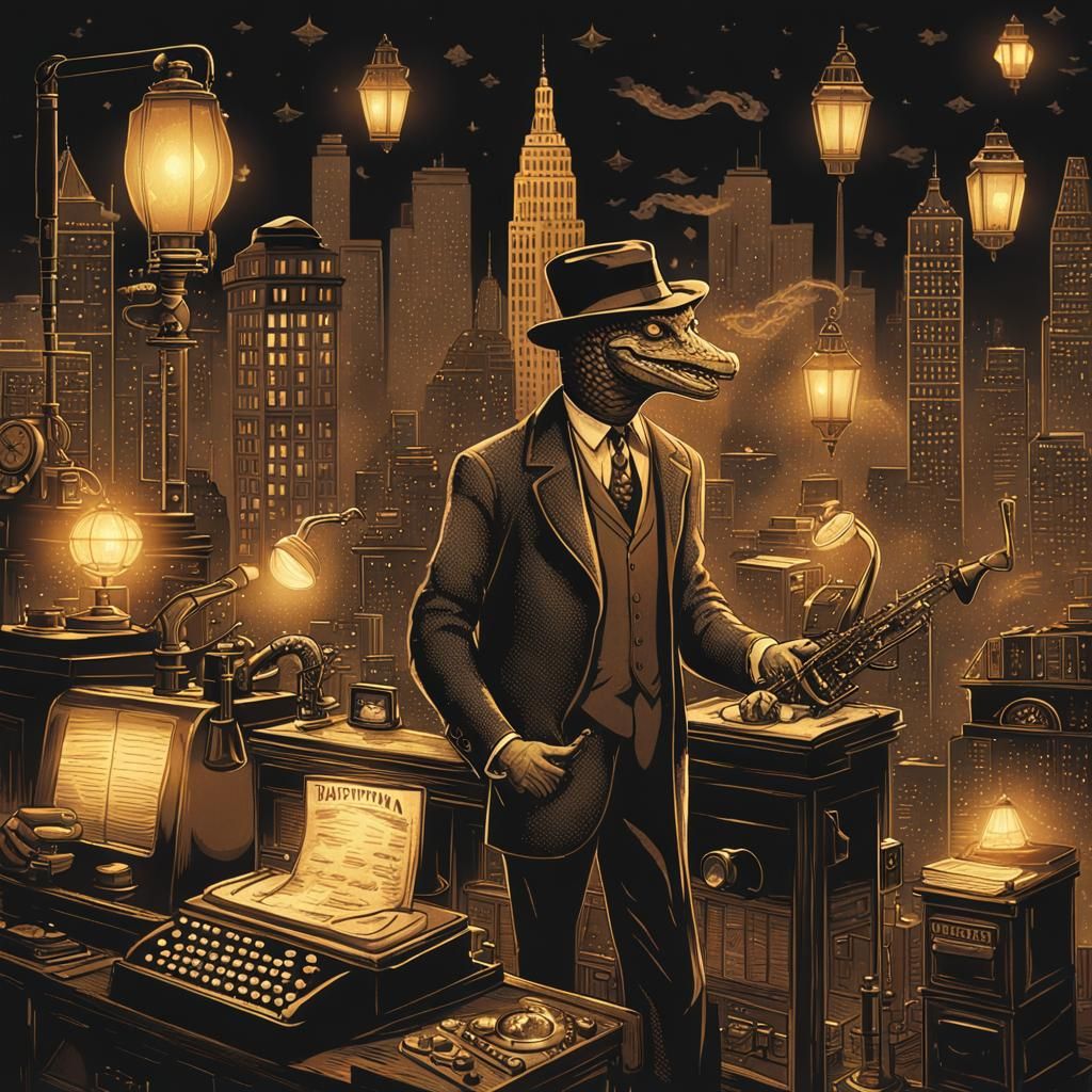Lizard Reporter in 1920s Newsroom, Art Deco Style