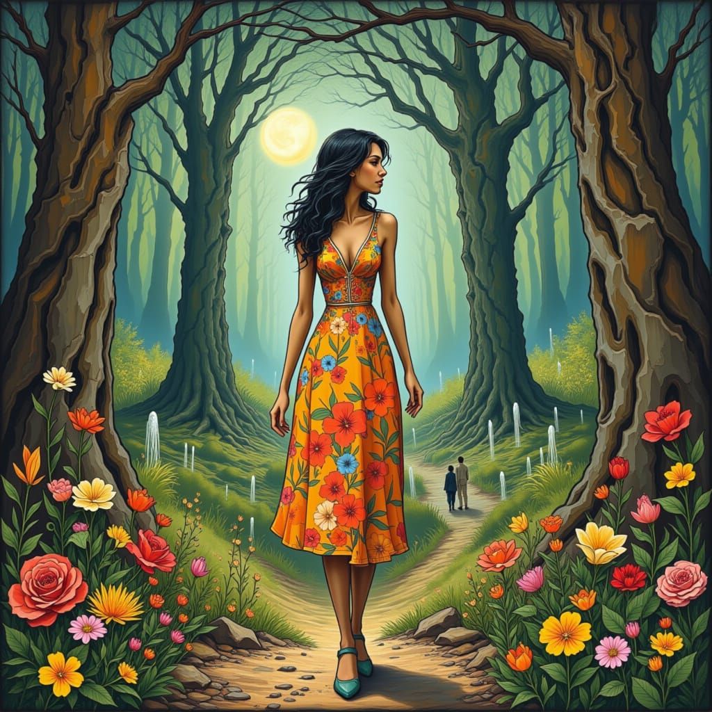 Woman in Floral Dress: Art Nouveau Garden Stroll