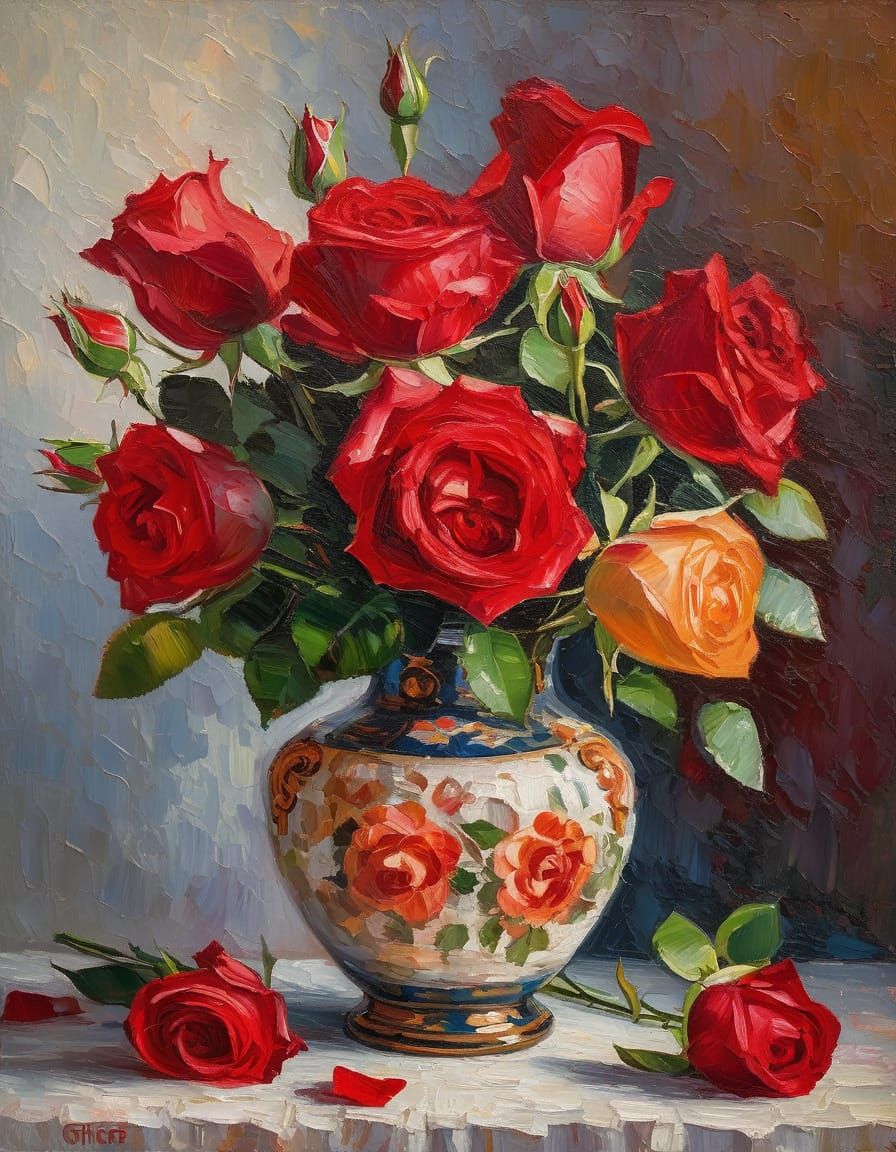 Freshly cut red roses arranged in an antique vase