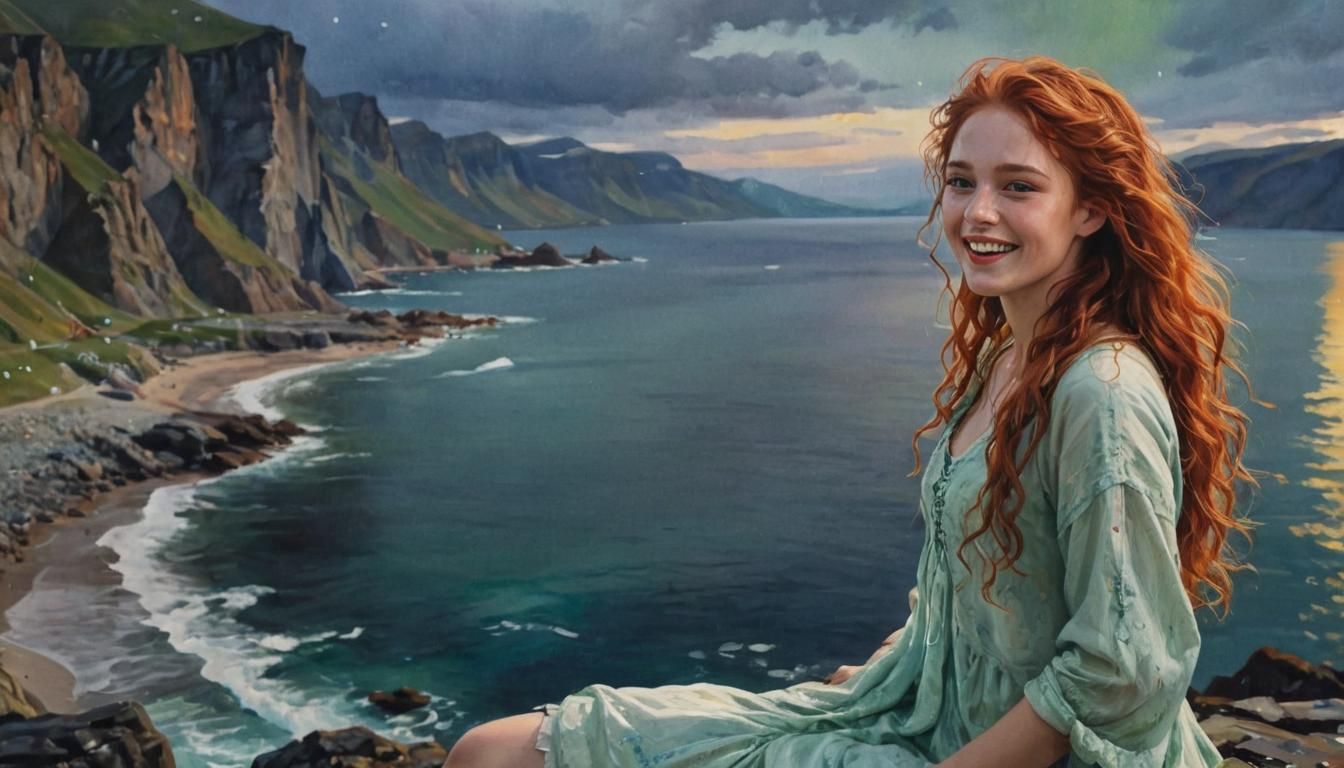 Norse Girl in Watercolor with Northern Lights