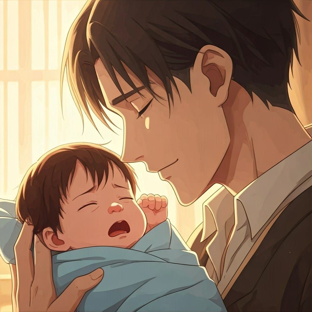 Tender Moment: Man Cradling Baby in Anime Style