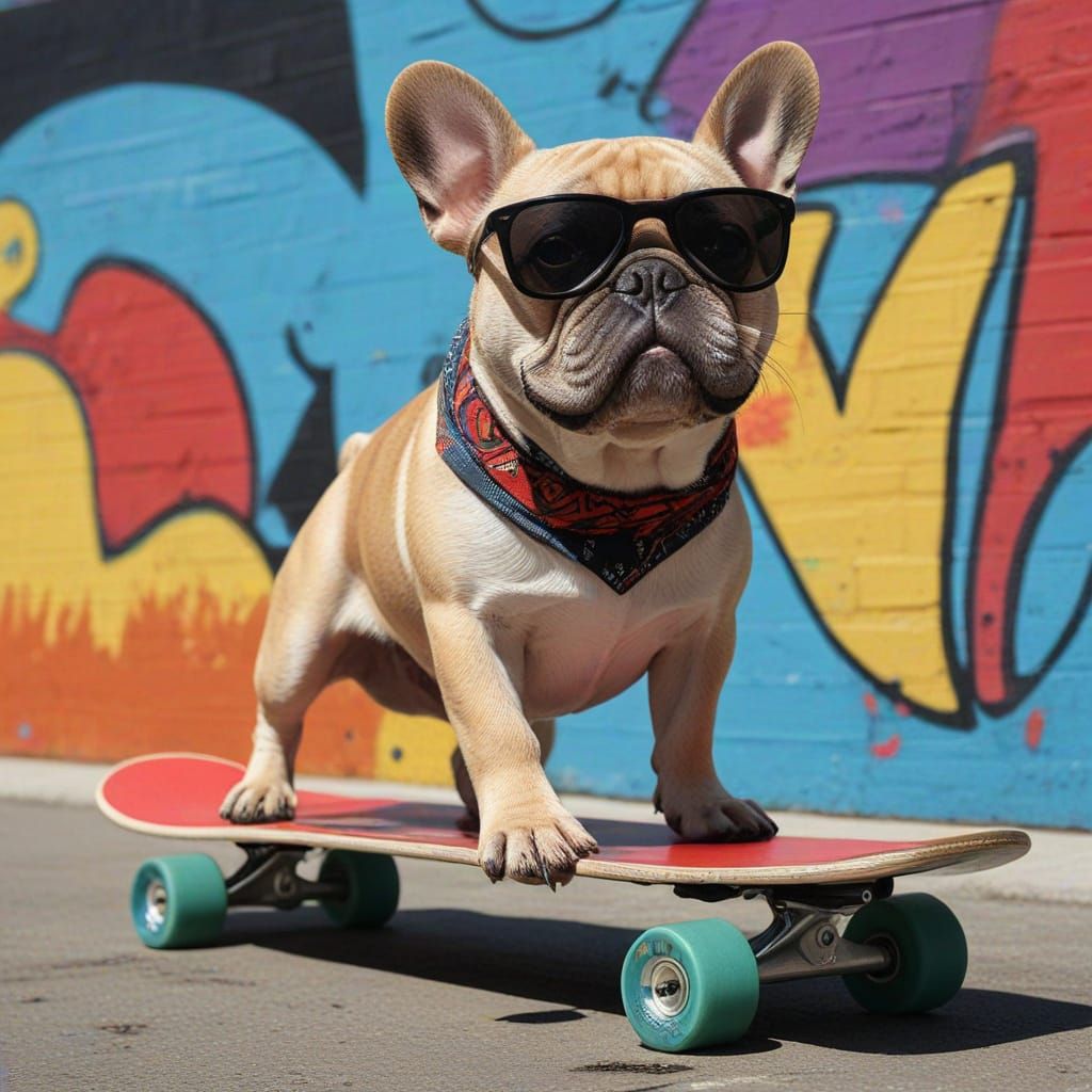 French Bulldog Skateboarding in Vibrant Skate Park