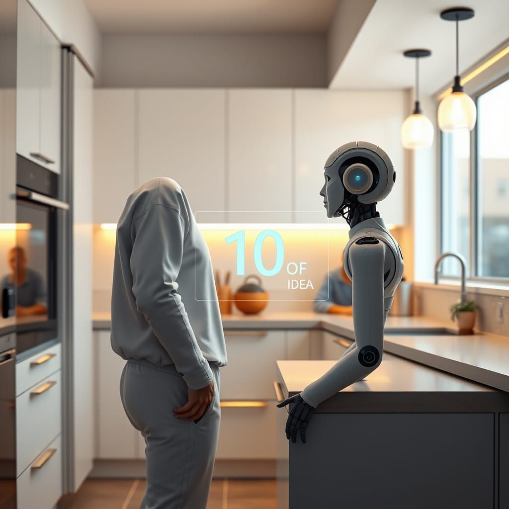 Futuristic Kitchen with AI Companion and Holographic Display