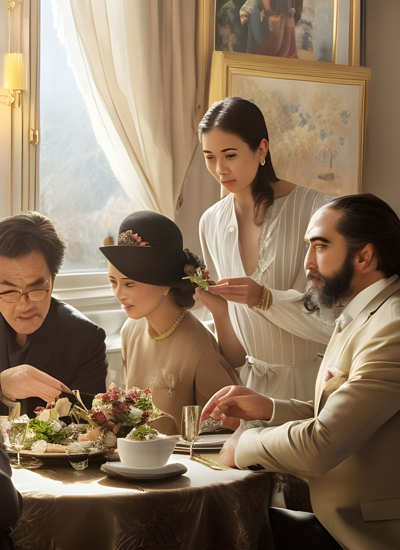 Families in Chic Restaurant: Hyper-Realistic Portrait